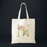 Faux Gold Foil Floral Letter N Monogram Bridesmaid Tote Bag<br><div class="desc">Feminine and elegant floral tote bag featuring watercolor illustrations of flowers,  greenery and faux foil monogram. Personalize by adding a name or short phrase. This letter N monogram floral canvas bag will be perfect as a personalized gift.</div>