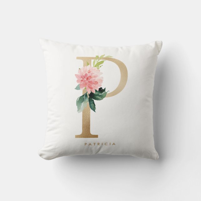 Faux Gold Foil Floral Letter P Monogram Nursery Throw Pillow (Front)