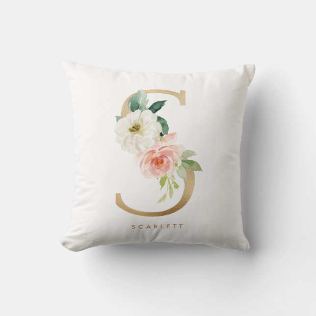 Faux Gold Foil Floral Letter S Monogram Nursery Throw Pillow (Front)