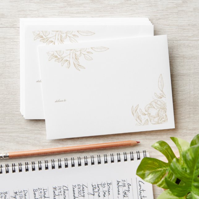 Faux Gold foil Floral Wedding Return Address Envelope (Stacked)