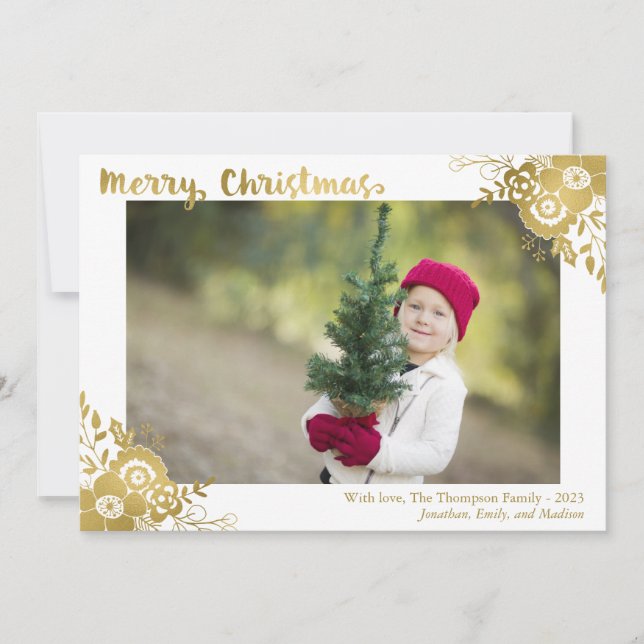 Faux Gold Foil Flower Holly Photo Christmas Cards (Front)