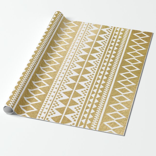 Faux Gold Foil Geometric Aztec Pattern Wrapping Paper (Unrolled)