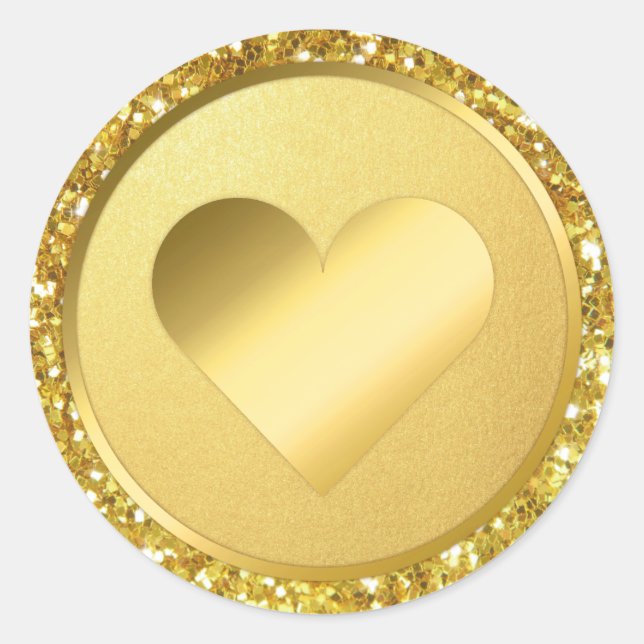 Faux Gold Foil Glitter Heart Wedding Envelope Classic Round Sticker (Front)