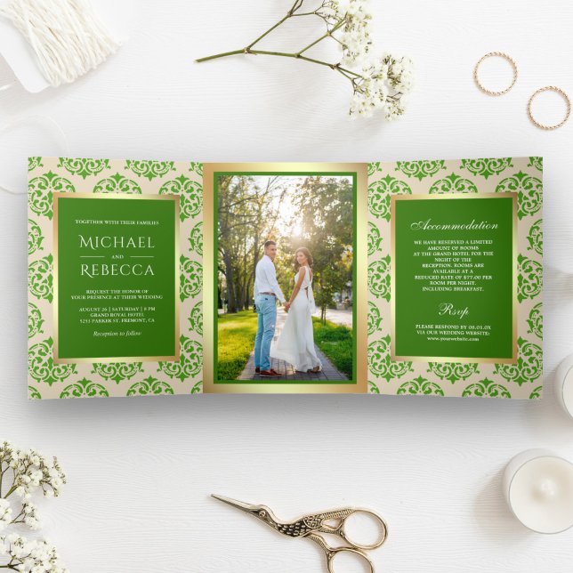 Faux Gold Foil Green Damask Wedding Photo Tri-Fold Invitation (Creator Uploaded)