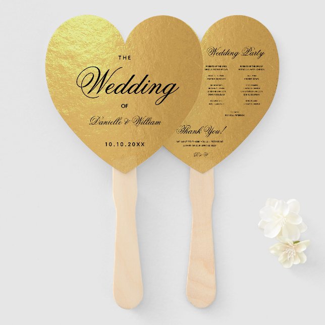 Faux Gold Foil Heart Wedding Program Black Script Hand Fan (Front and Back)