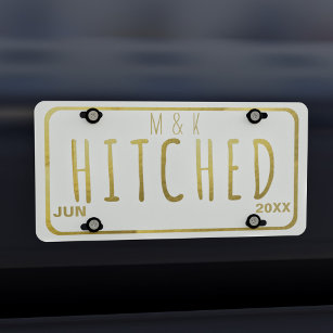 Faux Gold Foil Hitched Newlyweds Licence Plate