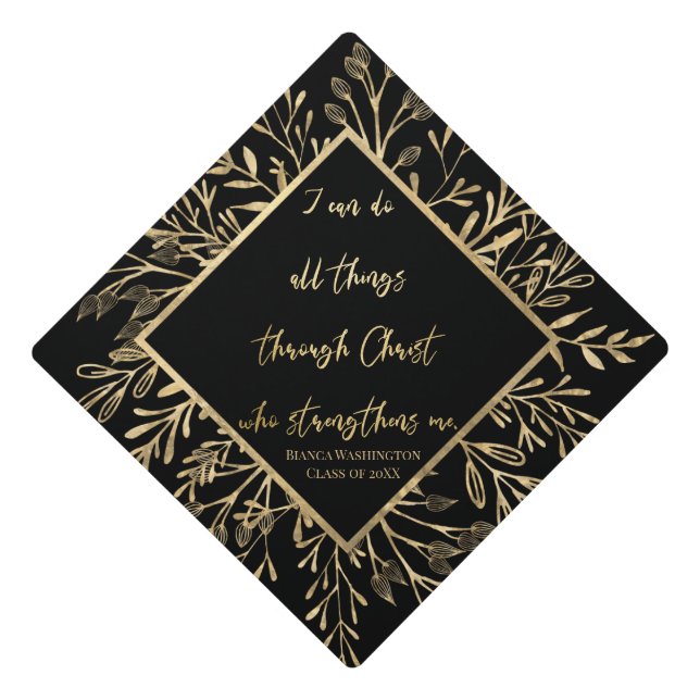 Faux Gold Foil I Can Do All Things Scripture Graduation Cap Topper (Front)