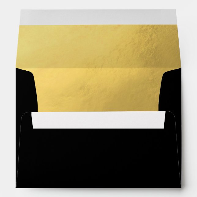 Faux Gold Foil Insert Black Wedding Return Address Envelopes (Back (Bottom))