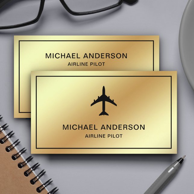 Faux Gold Foil Jet Aircraft Airplane Airline Pilot Business Card (Creator Uploaded)