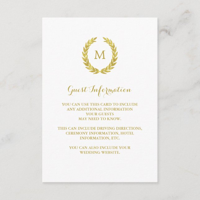 Faux Gold Foil Laurel Wreath Guest Information Enclosure Card (Front)
