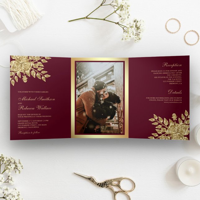 Faux Gold Foil Leaves Floral Burgundy Wedding Tri-Fold Invitation (Creator Uploaded)