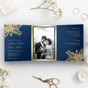 Faux Gold Foil Leaves Floral Navy Blue Wedding Tri-Fold Invitation
