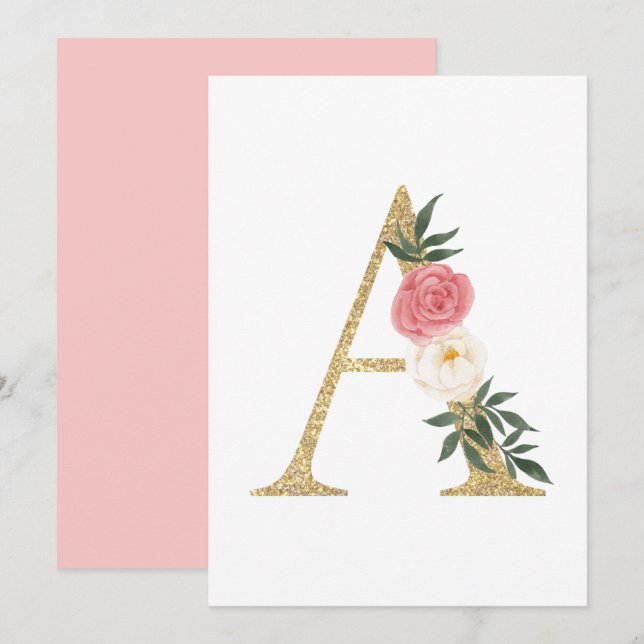 Faux Gold Foil Letter A Blush Floral Monogram Invitation (Front/Back)