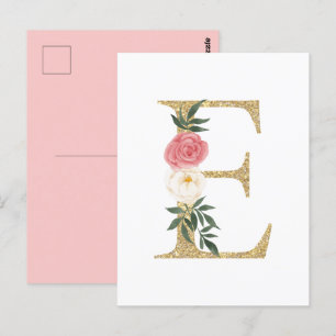 Faux Gold Foil Letter E Blush Floral Monogram Postcard