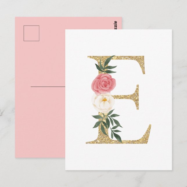 Faux Gold Foil Letter E Blush Floral Monogram Postcard (Front/Back)