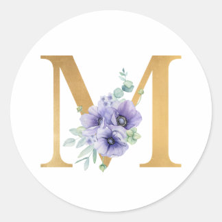 Faux Gold Foil Letter M Violet Floral Monogram Classic Round Sticker
