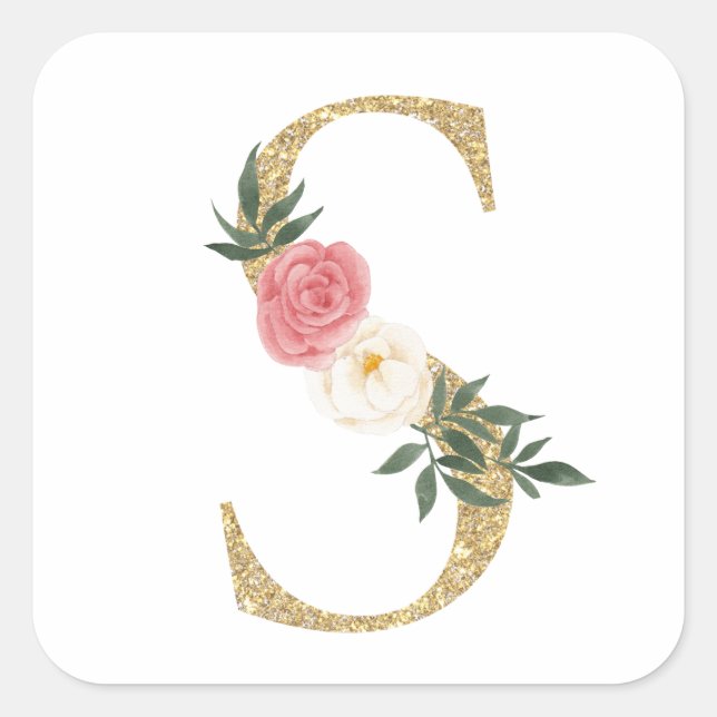 Faux Gold Foil Letter S Blush Floral Monogram Square Sticker (Front)