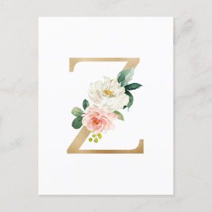 Faux Gold Foil Letter Z Blush Floral Monogram Postcard