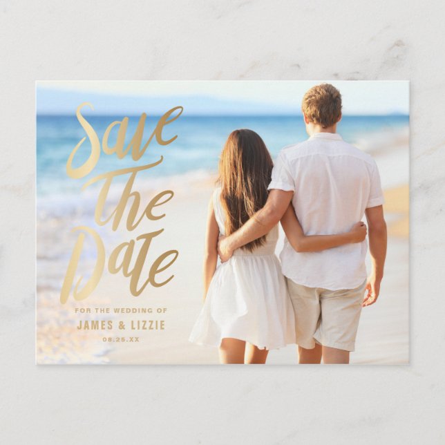 Faux Gold Foil Lettering Photo Save the Date Announcement Postcard (Front)
