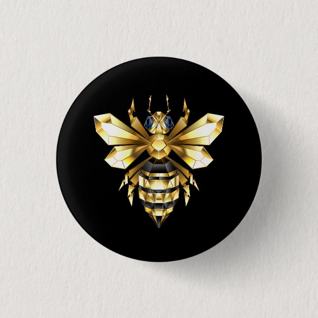 Faux Gold Foil Logo Bee Polygonal on Black 1 Inch Round Button (Front)