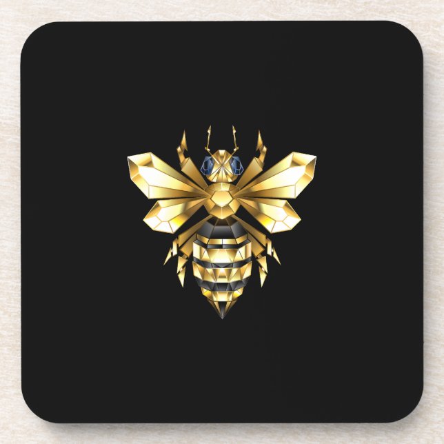 Faux Gold Foil Logo Bee Polygonal on Black Coaster (Front)