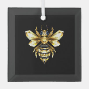 Faux Gold Foil Logo Bee Polygonal on Black Glass Ornament