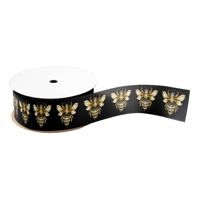 Faux Gold Foil Logo Bee Polygonal on Black Grosgrain Ribbon (Spool)