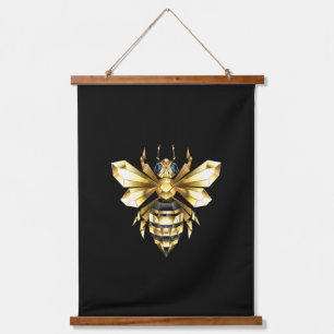 Faux Gold Foil Logo Bee Polygonal on Black Hanging Tapestry