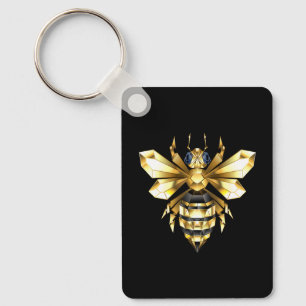 Faux Gold Foil Logo Bee Polygonal on Black Keychain