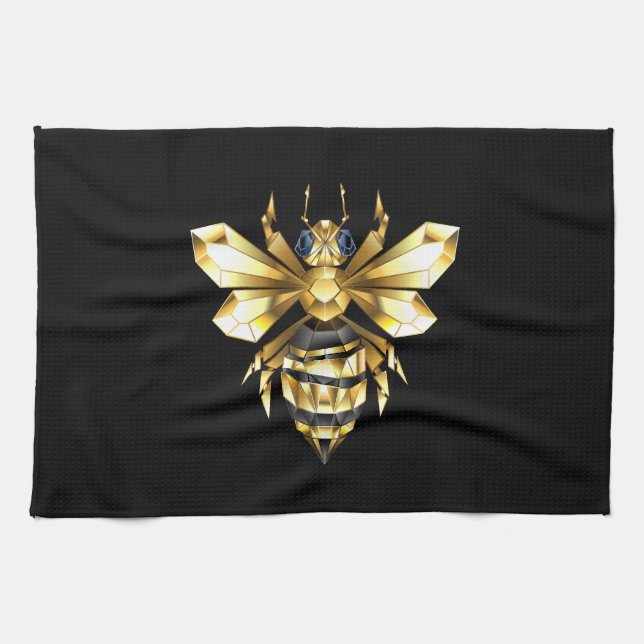 Faux Gold Foil Logo Bee Polygonal on Black Kitchen Towel (Horizontal)