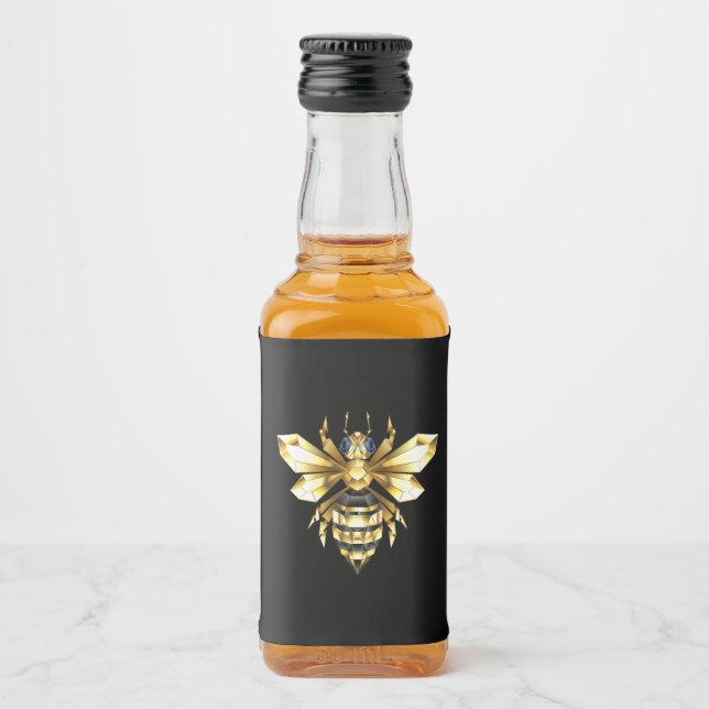 Faux Gold Foil Logo Bee Polygonal on Black Liquor Bottle Label (Front)