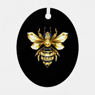 Faux Gold Foil Logo Bee Polygonal on Black Metal Ornament