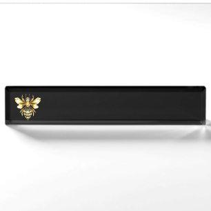 Faux Gold Foil Logo Bee Polygonal on Black Nameplate