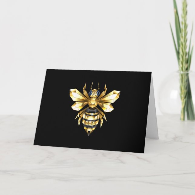 Faux Gold Foil Logo Bee Polygonal on Black Note Card (Front)