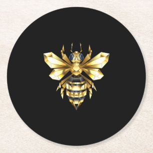 Faux Gold Foil Logo Bee Polygonal on Black Round Paper Coaster