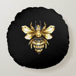 Faux Gold Foil Logo Bee Polygonal on Black Round Pillow