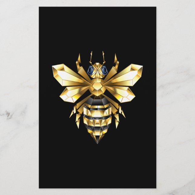 Faux Gold Foil Logo Bee Polygonal on Black Stationery (Front)