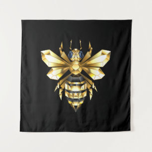 Faux Gold Foil Logo Bee Polygonal on Black Tapestry