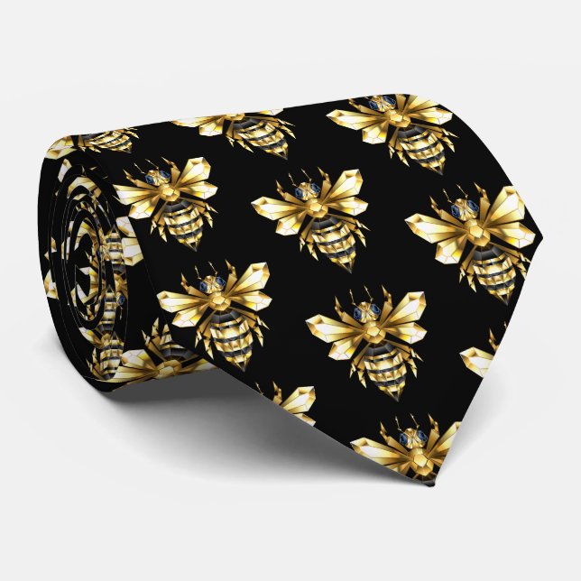 Faux Gold Foil Logo Bee Polygonal on Black Tie (Rolled)