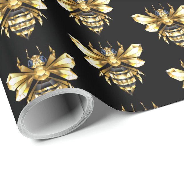 Faux Gold Foil Logo Bee Polygonal on Black Wrapping Paper (Roll Corner)