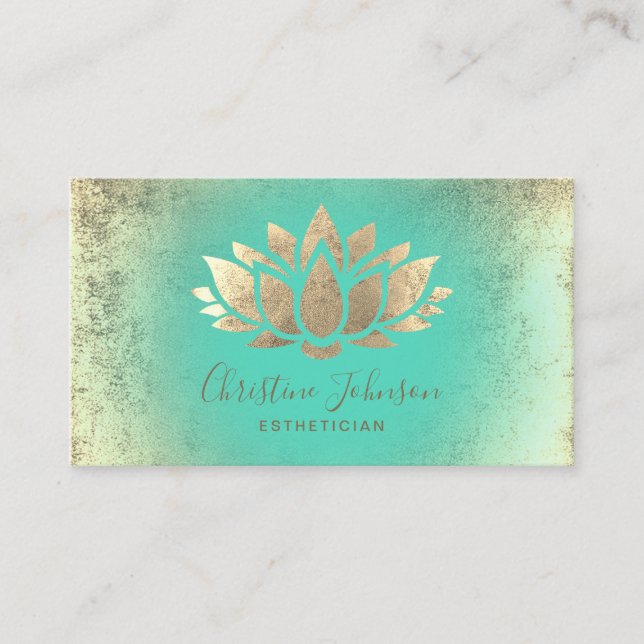 faux gold foil lotus mint aesthetician business card (Front)