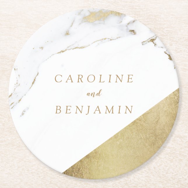 Faux gold foil marble luxury modern wedding round paper coaster (Front)