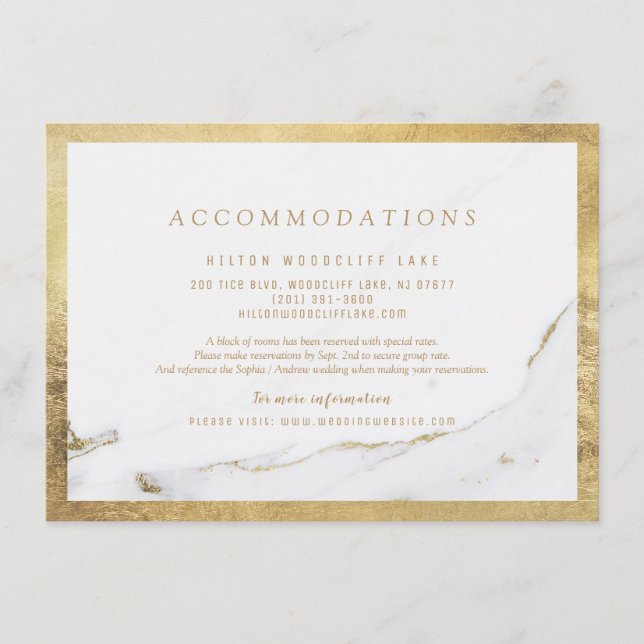 Faux gold foil marble modern wedding accommodation enclosure card (Front)