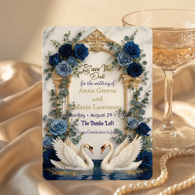 Faux Gold Foil & Marble Swans Royal Blue Floral Save The Date (Creator Uploaded)