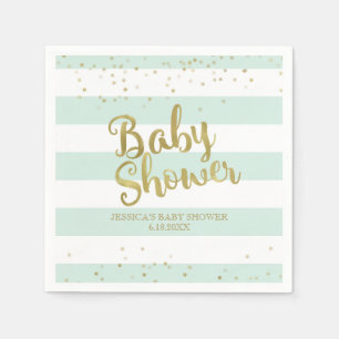 Faux Gold Foil Mint Green Stripes Baby Shower Napkin