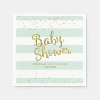 Faux Gold Foil Mint Green Stripes Baby Shower Napkin