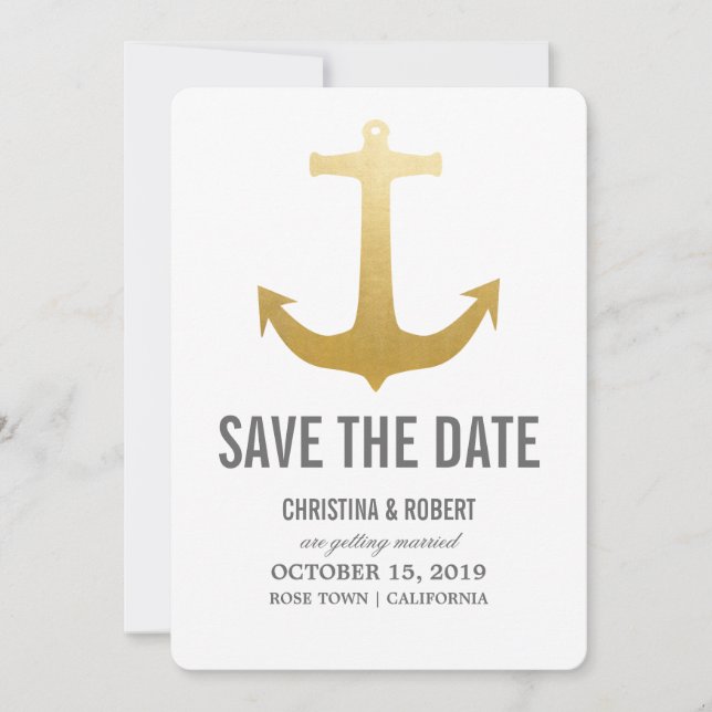 Faux Gold Foil Nautical Anchor Save The Date Invitation (Front)