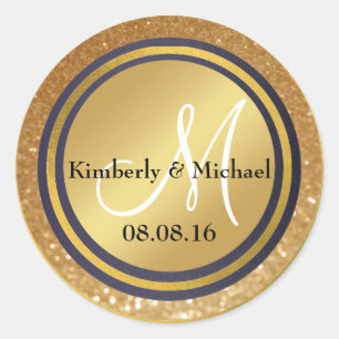 Faux Gold Foil Navy Blue Monogram  Classic Round Sticker