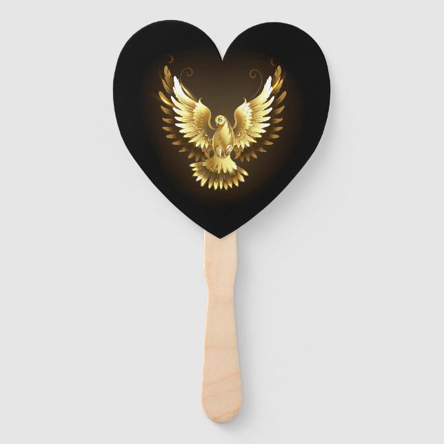 Faux Gold Foil Peace Dove on Black Hand Fan (Front)