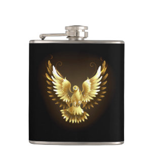 Faux Gold Foil Peace Dove on Black Hip Flask